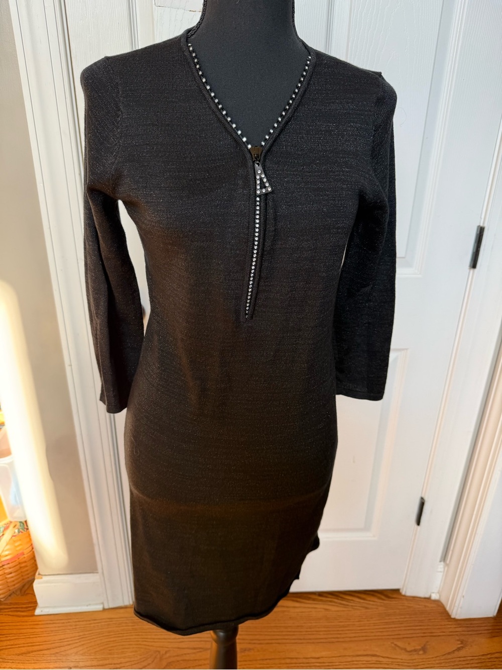 Allison Brittney Black Long Sleeve V-Neck Knit Dress with Studded Zip